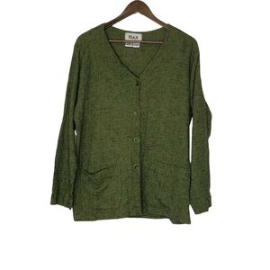 Flax Olive Green Lagenlook Linen and Cotton Oversized Button Front Cardigan Sz M